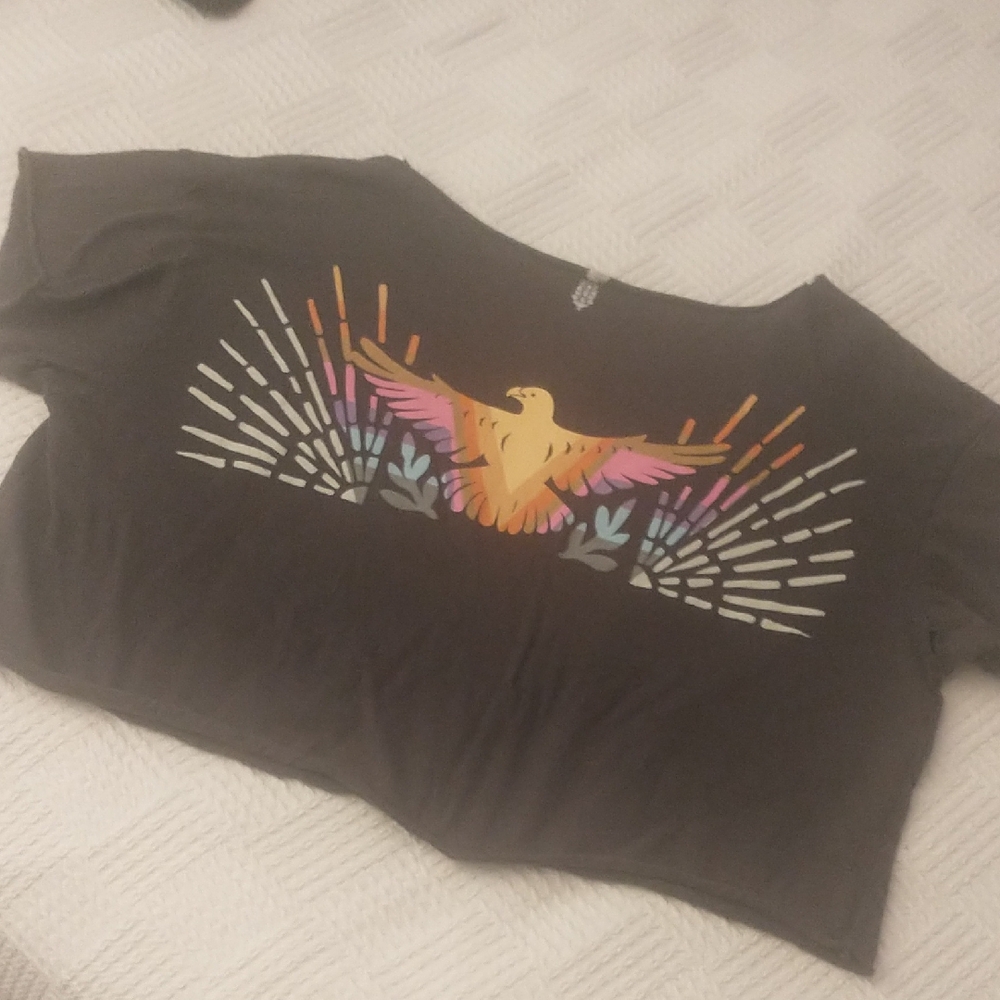 Free People Graphic Crop Top with Colorful Bird Design